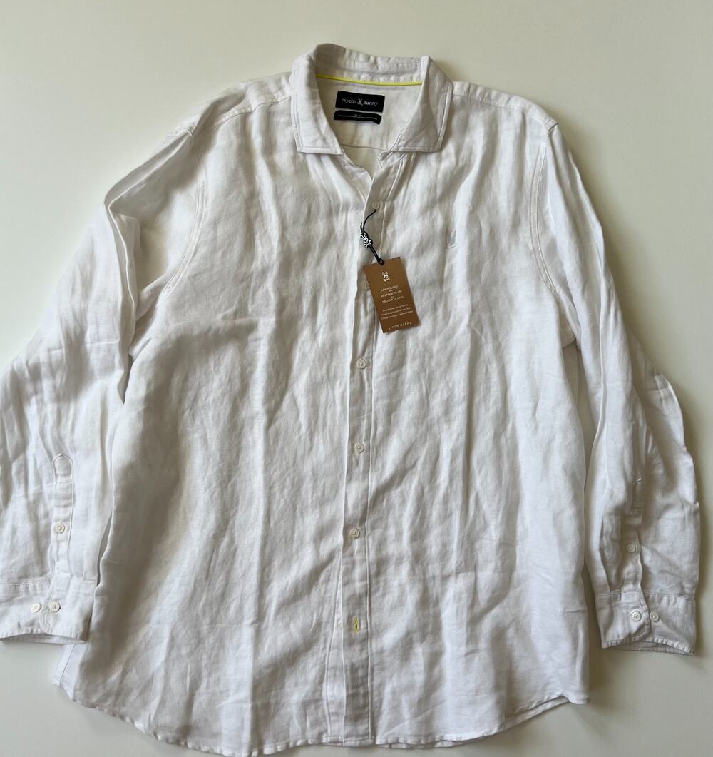 Psycho Bunny Mens XXL White Cotton Linen Blend Long Sleeve Button Down Shirt NWT